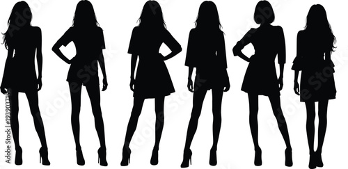 Group of stylish women in short dresses high heels, confident standing poses, black silhouette figures, fashion party glamour vector illustration, blank faces