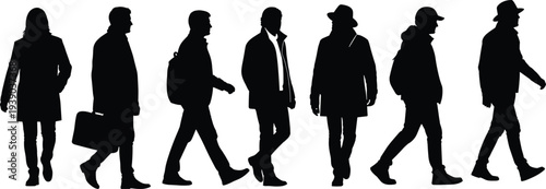 Group of walking business people silhouettes men and women in coats suits casual outfits moving forward vector illustration isolated on white background