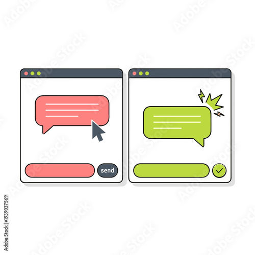 Two computer browser windows display chat bubbles and conversation interfaces side by side