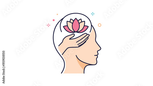 Profile view of human head with lotus flower and hand representing mental health wellness, meditation, mindfulness, and inner peace for wellbeing.