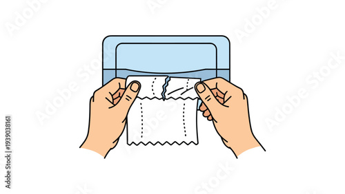 Human hands pulling white paper towel from wall mounted blue dispenser for maintaining hand hygiene and sanitation in public restroom facilities.