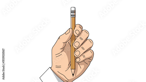 Close up of human hand holding sharp graphite pencil ready for writing, drawing, sketching, or creative brainstorming activities in office or school.