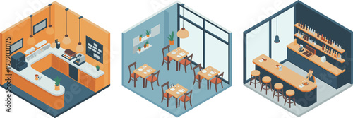 Isometric cafe interior set with coffee counter restaurant dining area and bar counter modern hospitality interior illustration