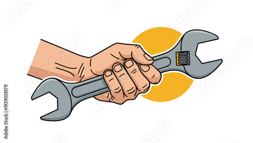 Strong hand gripping adjustable wrench tool for repair, maintenance, construction, and professional plumbing works with industrial design elements.