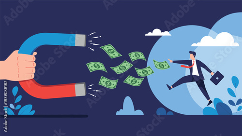 Businessman running towards banknotes being attracted by large horseshoe magnet held by hand representing wealth attraction and business profit.