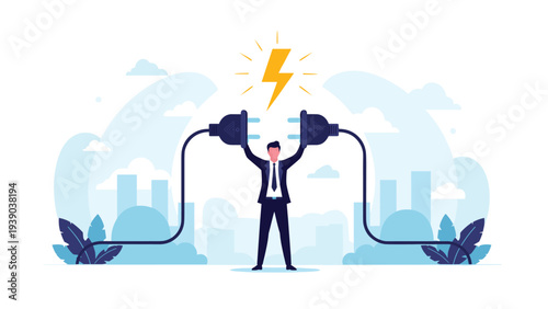 Businessman holding two large electrical plugs to create connection and power generation with lightning bolt symbol in modern urban city setting.