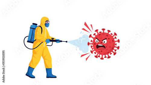 Worker in protective yellow hazmat suit spraying angry red virus molecule with disinfectant to fight pandemic and ensure public health and safety.