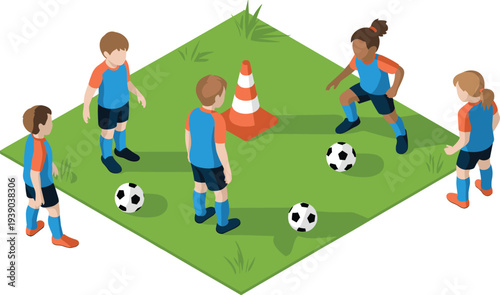 Isometric kids soccer training drill with children practicing football around cone on field youth sports practice illustration