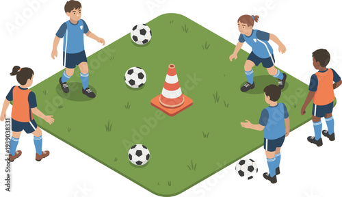 Isometric kids soccer training with children practicing football drill around cone on field youth sports practice illustration