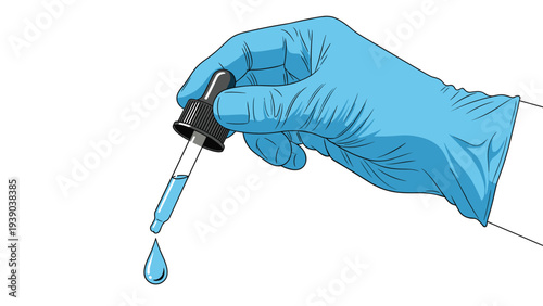 Professional hand wearing a blue surgical glove using a glass dropper to dispense a single drop of blue liquid medicine.