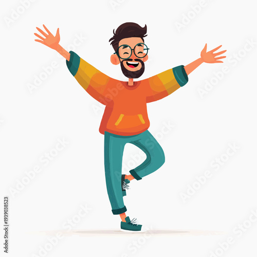 cheerful sanguine man laughing with open arms gesture in flat vector style