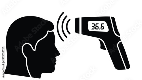 Silhouette illustration of a person getting their body temperature checked using an infrared forehead thermometer device.