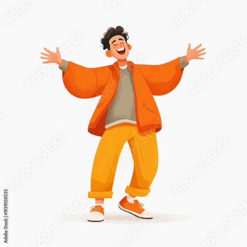 cheerful sanguine man laughing with open arms gesture in flat vector style