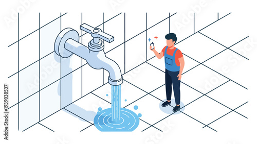 Isometric illustration of a plumber or worker inspecting a giant leaky faucet with water flowing out into a blue puddle.