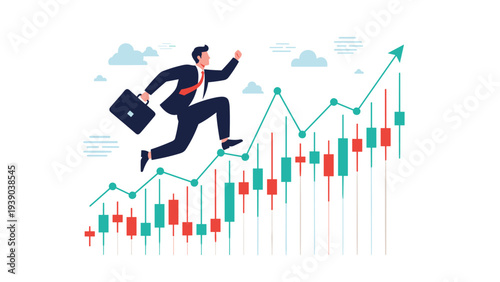 Energetic businessman running up a financial growth chart with candlestick bars and an upward pointing arrow for stock gains.
