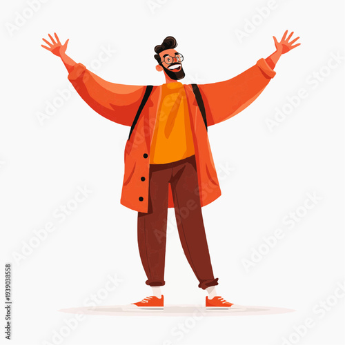 cheerful sanguine man laughing with open arms gesture in flat vector style
