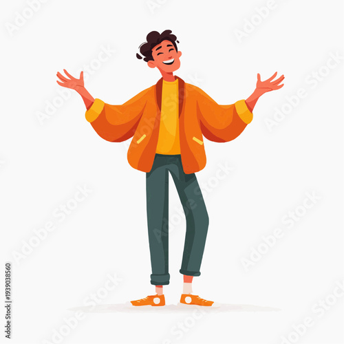 cheerful sanguine man laughing with open arms gesture in flat vector style