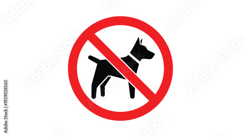 Prohibition sign featuring a black silhouette of a dog inside a red circle with a diagonal slash to indicate no dogs are allowed.