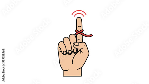 Human finger with a red string tied around it in a knot as a traditional memory aid or reminder to perform a specific task.