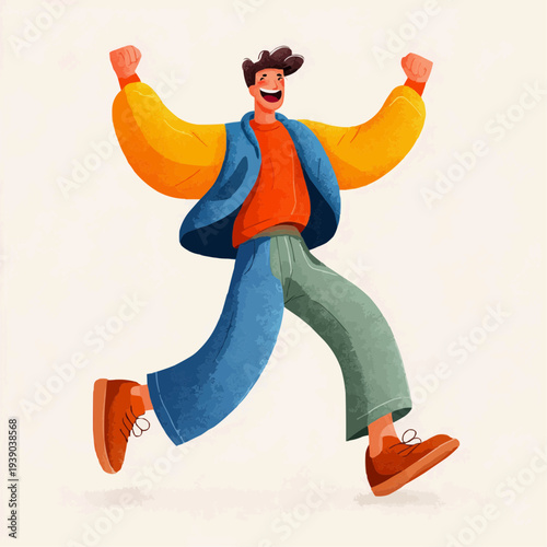 cheerful sanguine man laughing with open arms gesture in flat vector style