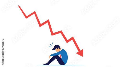 Depressed businessman sitting on the ground below a red downward trending arrow representing financial loss or failure.