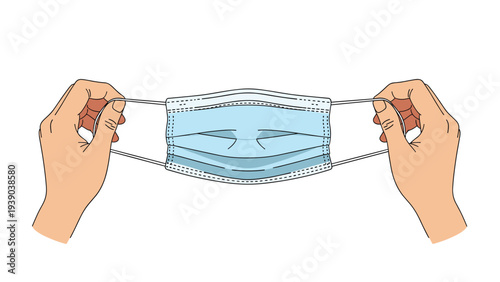 Pair of hands holding a blue disposable surgical face mask by its ear loops, ready to be worn for health protection and safety.