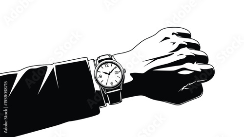 Simple line drawing of a human hand holding and aiming a semi automatic handgun against a plain white background.