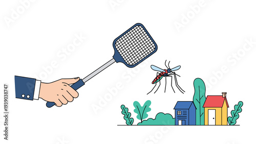 Large human hand holding a black umbrella over a family of four to provide safety, protection, and insurance.