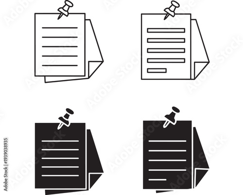 Notes pinned with pushpins, presented in both outline and solid silhouette formats for diverse design needs.