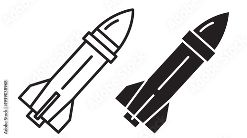 Rockets two icons with one line art and one solid silhouette, representing aerospace and travel featuring rocket, space, exploration with launch and