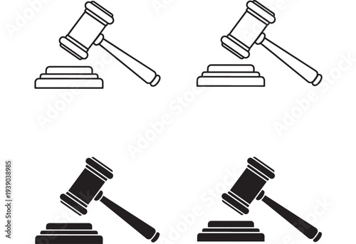 Gavel icons with wooden hammer striking sounding block for legal auction or justice decisions featuring judge, law, court with sale and judgment