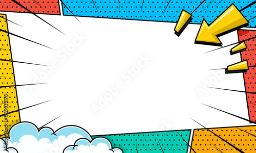 Pop Art Comic Background with Blank Speech Bubble and Dynamic Elements