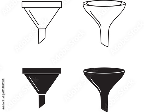 Funnels icons with line and solid fill, representing filtration and transfer of liquids or solids in science and industry.