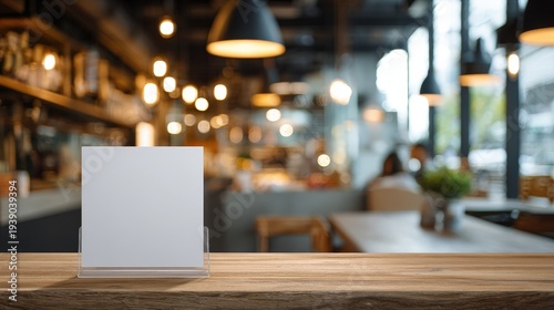 Mock-up of a blank menu label frame on a bar restaurant table, acrylic tent card stand with white sheets, blurred cafeteria background .