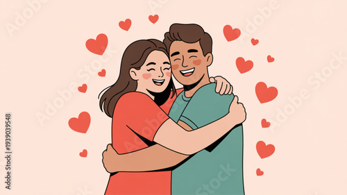Loving couple embracing with hearts around them on valentine's day
