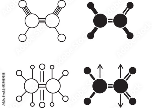 Molecules simplified line art icons showing various atomic structures and chemical bonds with fill and outline styles and directional arrows