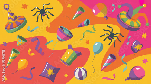 Colorful party celebration background with balloons streamers spiders hats and confetti on vibrant yellow orange pink hues