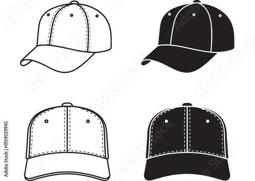 Baseball caps in outline and silhouette styles with front and side views of white and black caps featuring cap, hat, headwear with apparel and