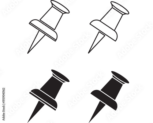 Push pins icon set with outline and filled styles for creative office and design projects featuring thumbtack, pin, tack with silhouette and drawing