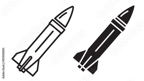 Rocket icons in outline and solid black, representing space exploration and military technology. featuring missile, launch, shuttle with spacecraft