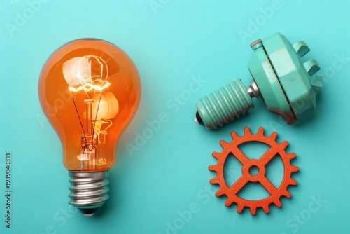Glowing light bulb and gear, innovation concept, soft studio lighting