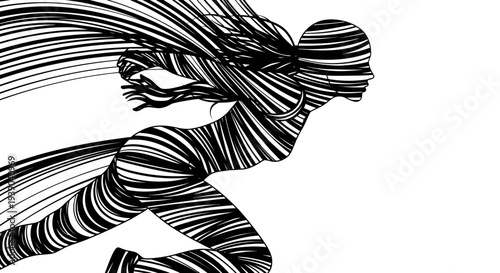 Abstract silhouette of a running person striking dynamic motion lines