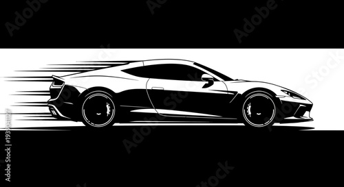 Black and white sports car in motion with speed lines vector illustration