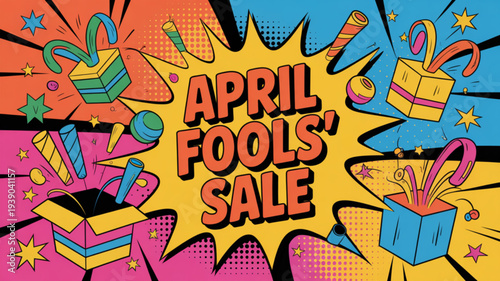 Vibrant april fools' sale graphic with colorful gifts and starburst background