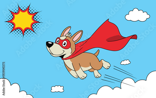 Cartoon Dog Superhero Flying Through Sky with Red Cape and Mask