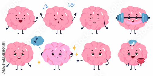 Cartoon brains exhibiting various activities and positive emotions