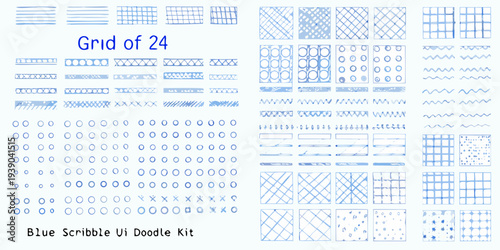 Collection of twenty four blue grid and doodle ui elements on white