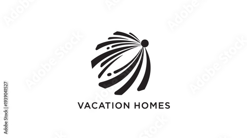 A sleek black logo featuring an abstract design with curved lines and dots, representing vacation homes on a clean white background, ideal for travel and hospitality branding.