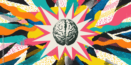 Brain explosion amidst a vibrant colorful and chaotic abstract background
