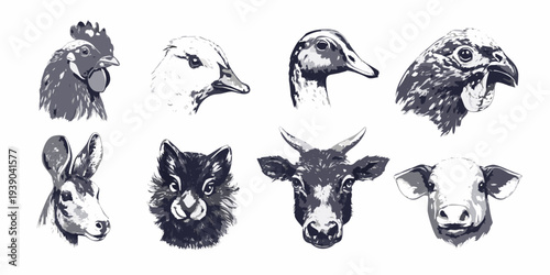 A collection of animal head illustrations in grayscale tones